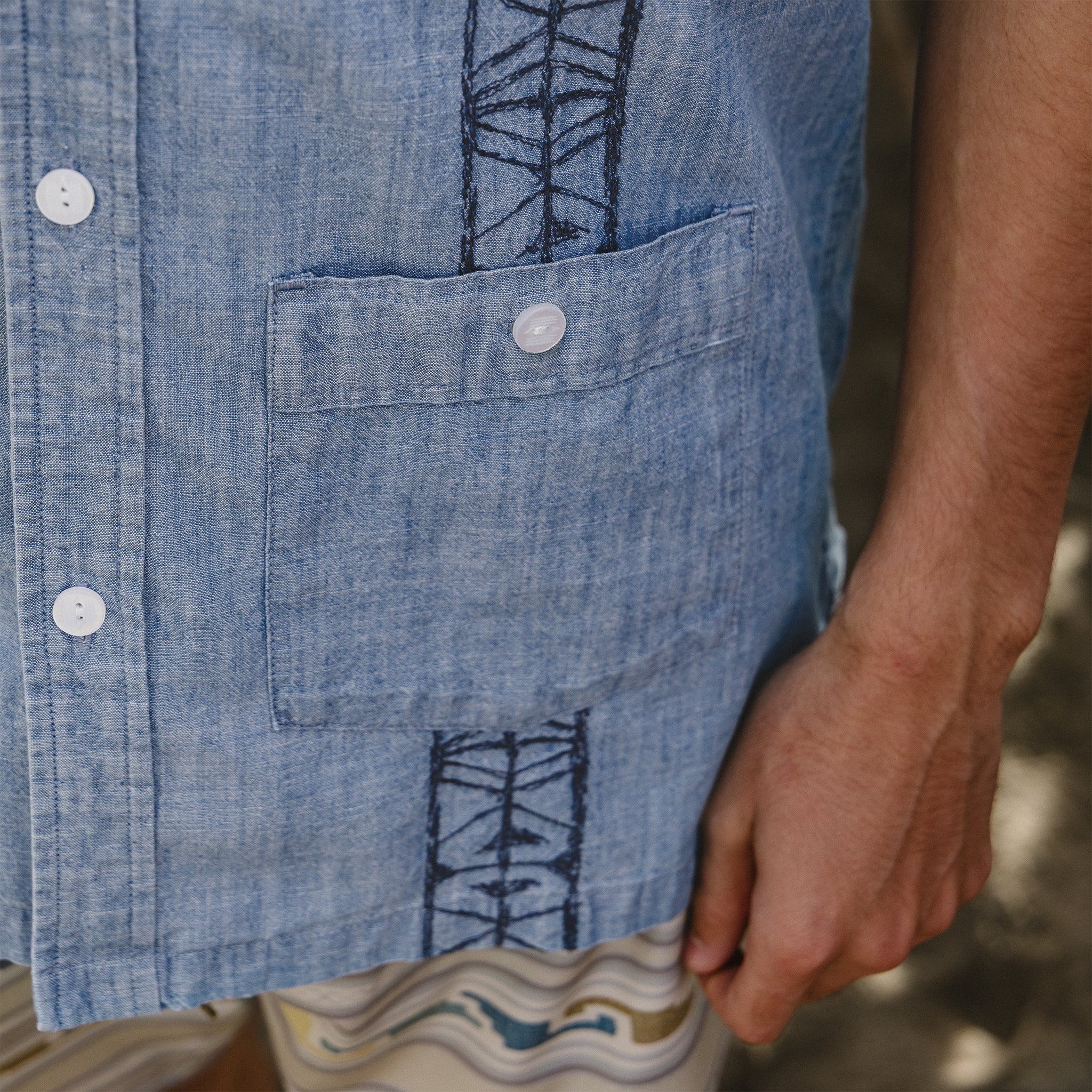 Guayabera Shirt - Pictographs : Washed Indigo Chambray - Image 7