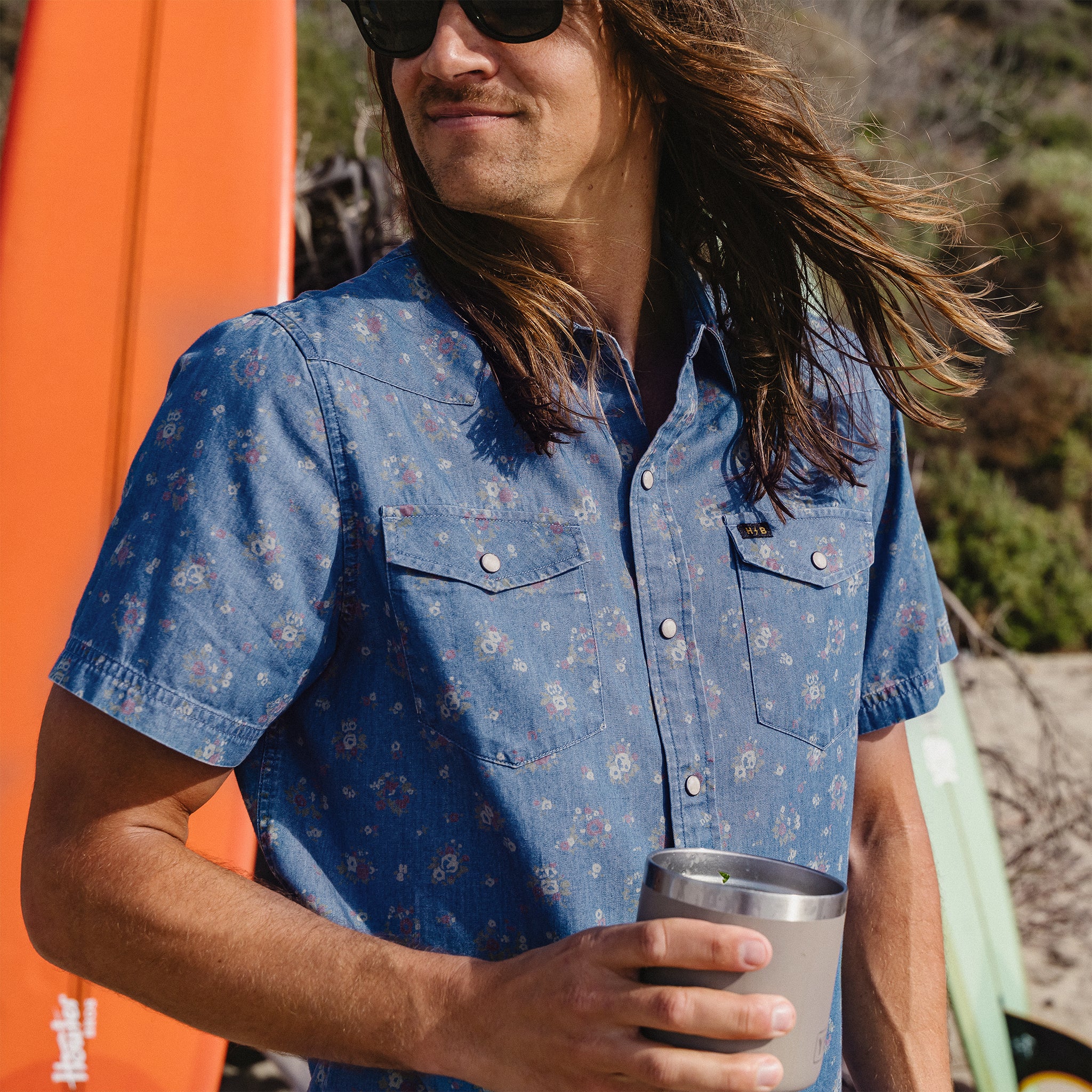 H Bar B Snapshirt - Bouquets : Washed Indigo - Image 2